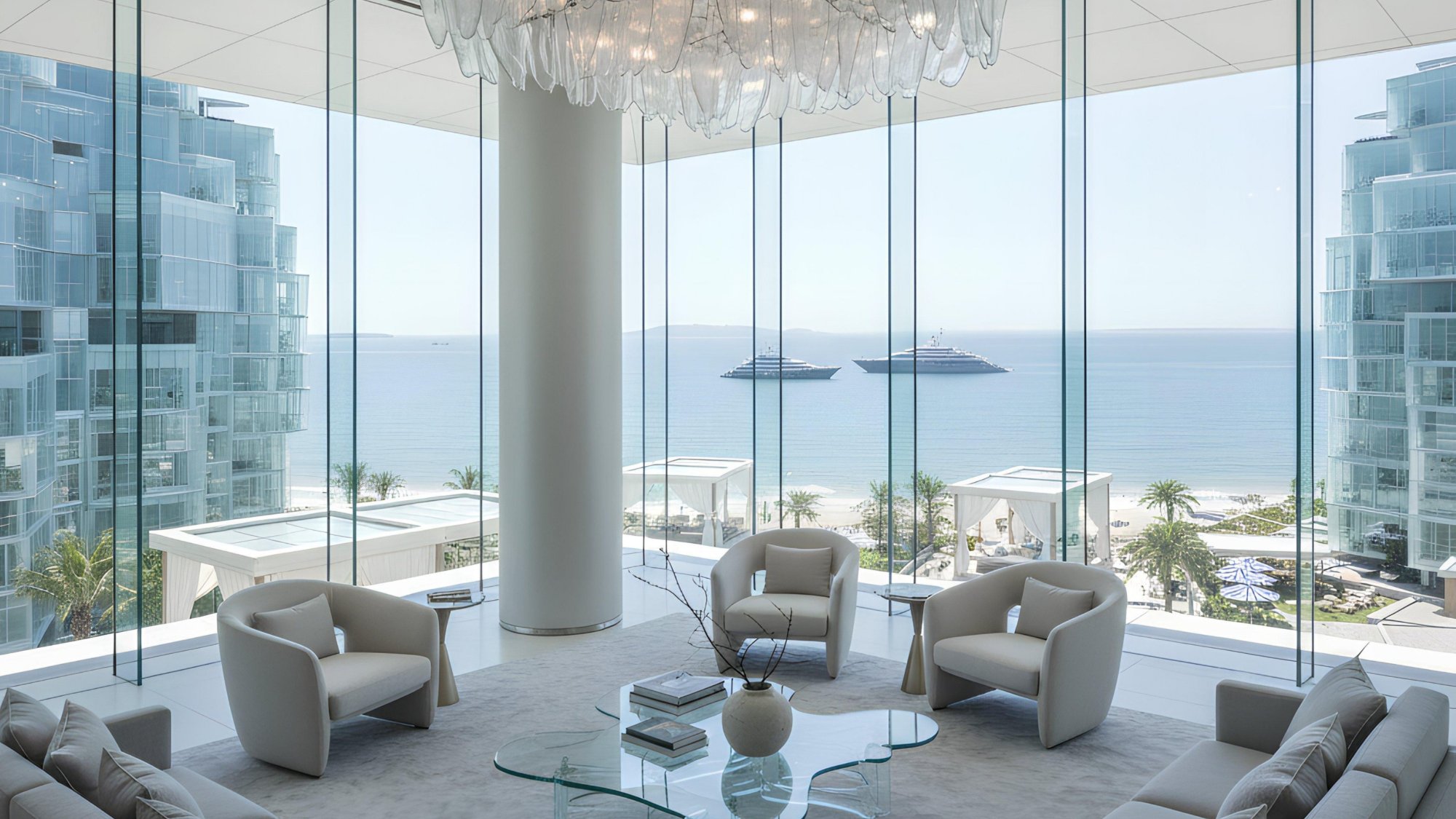 לובי יוקרתי עם נוף לים
